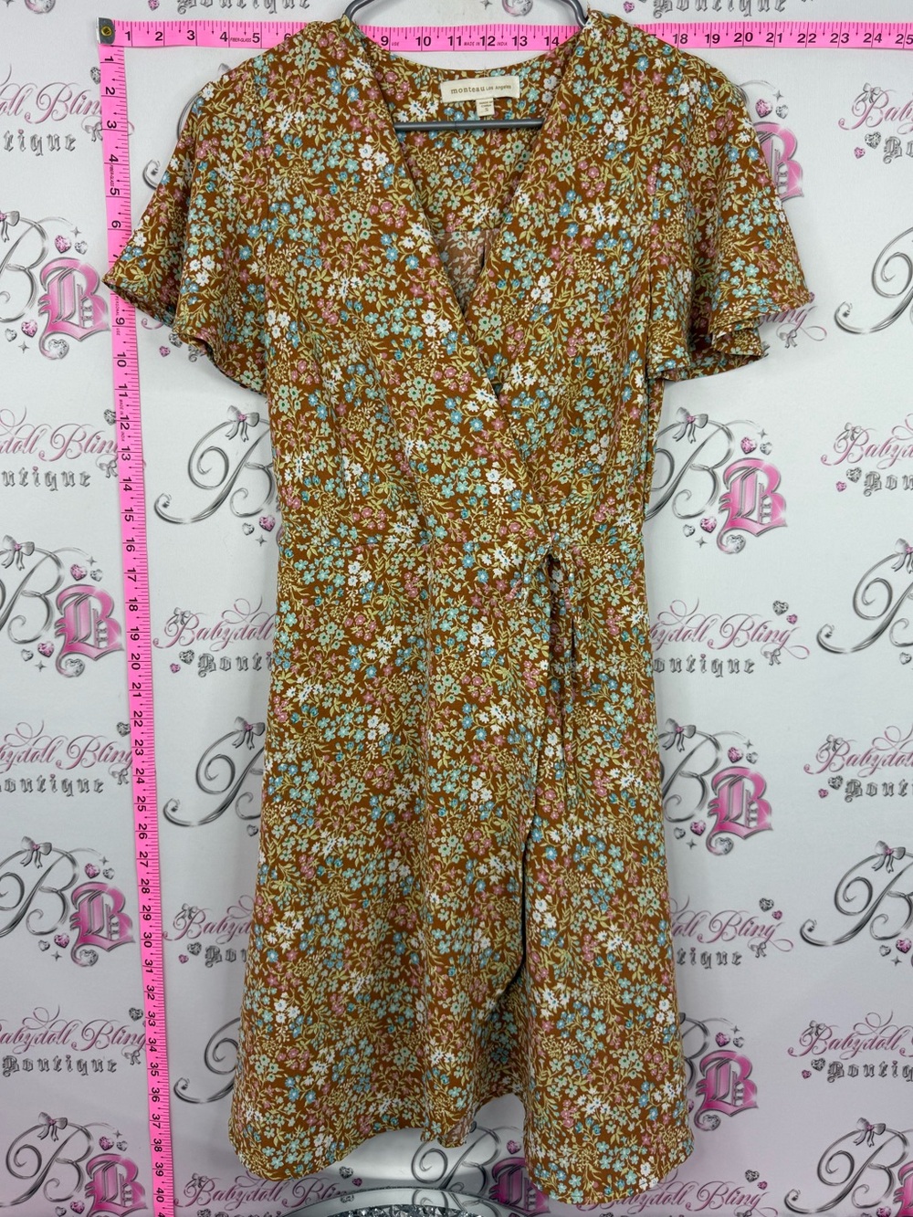 Monteau Los Angeles dress Brown Floral Wrap Dress with Blue & Pink Accents